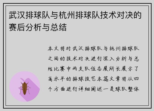 武汉排球队与杭州排球队技术对决的赛后分析与总结